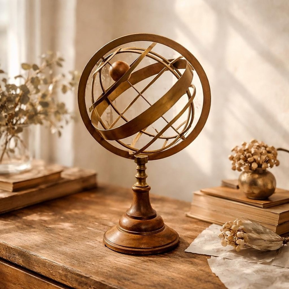 Vintage Brass Armillary Sphere on Wood Base Globe Library Decor | Free Shipping